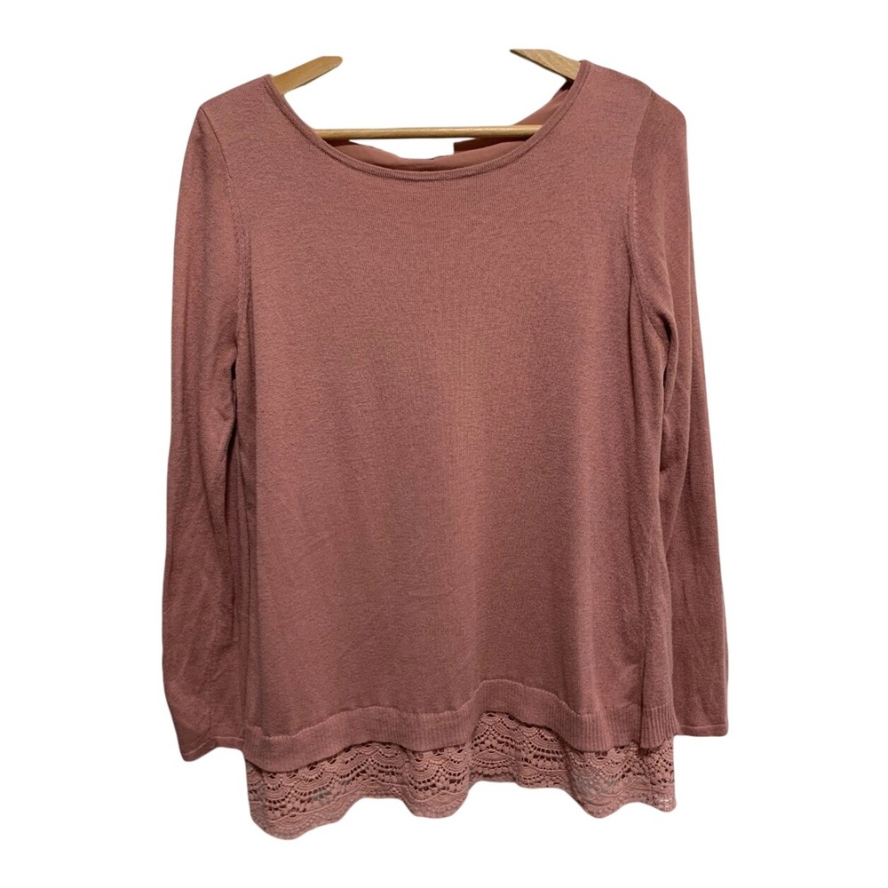 Roz & Ali Pink Lace Trim Long Sleeve Sweater Top Women's Large Knit